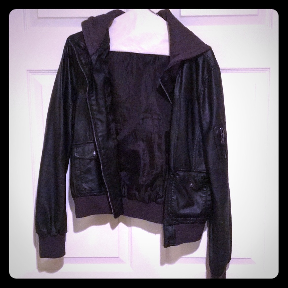 Faux Leather bomber jacket with grey clothe hood